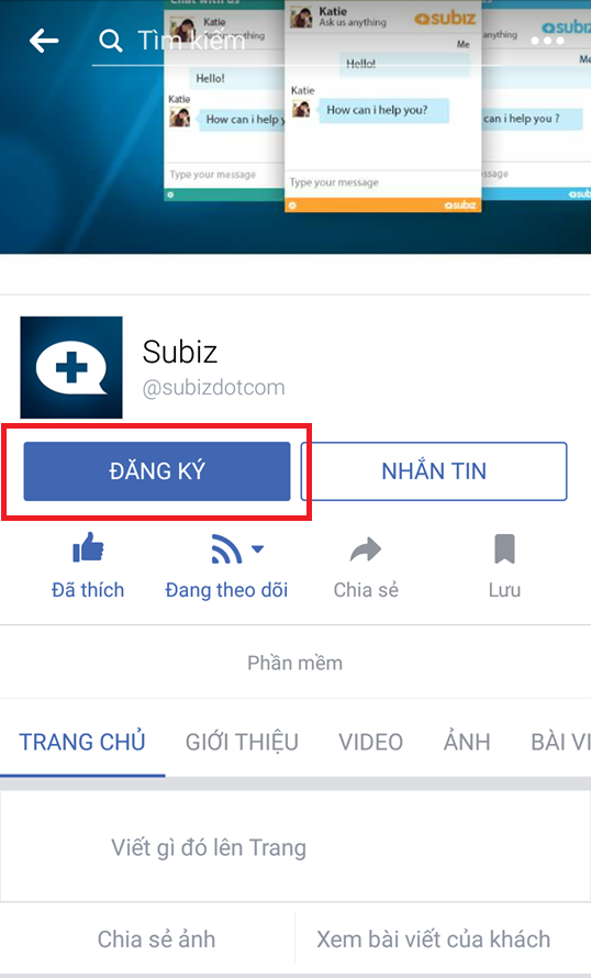 Subiz sử dụng nút kêu gọi hành động "Đăng ký" cho dịch vụ ứng dụng live chat