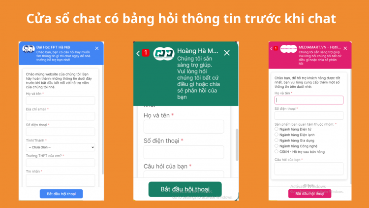Ví dụ về cửa sổ chat có bảng hỏi thông tin trước khi chat