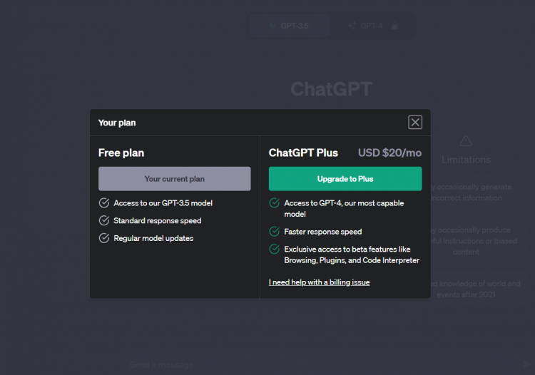 ChatGPT cung cấp phiên bản miễn phí và gói PLUS với giá 20USD 1 tháng