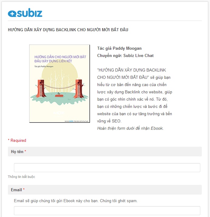 Landing page: Tải ebook "Hướng dẫn xây dựng backlink cho người mới bắt đầu"