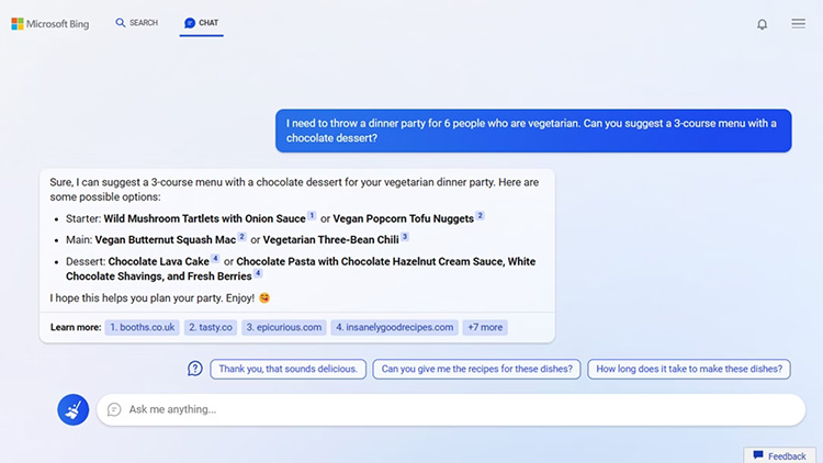 Bing Chat hỗ trợ tạo công thức món ăn nhanh chóng
