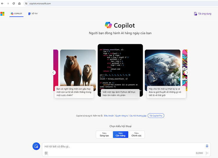 Giao diện của website Copilot