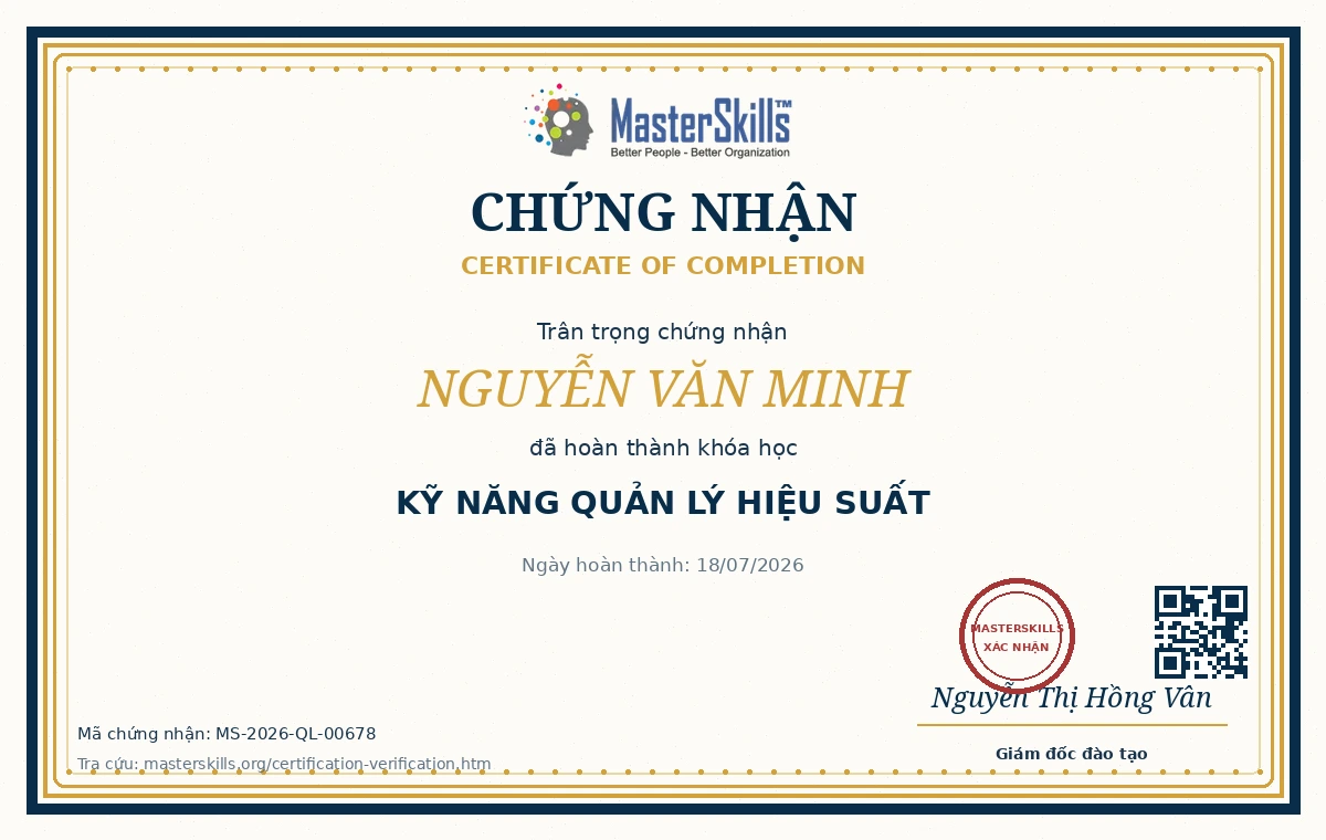 Sample Masterskills management program certificate