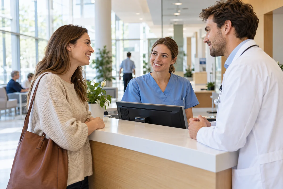 Bác sĩ và điều dưỡng châu Âu trao đổi với người bệnh tại khu vực tiếp đón bệnh viện